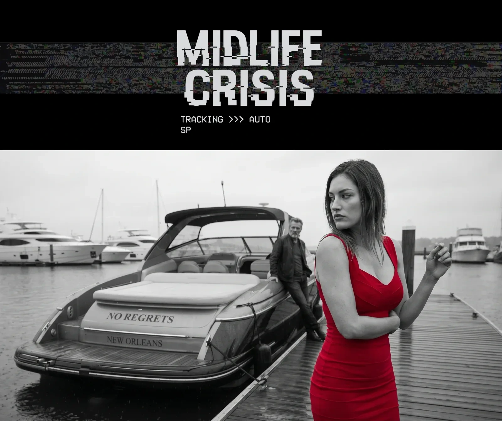Midlife Crisis glitch-style logo above the New Orleans waterfront tour artwork, featuring a woman in a red dress beside the No Regrets boat.
